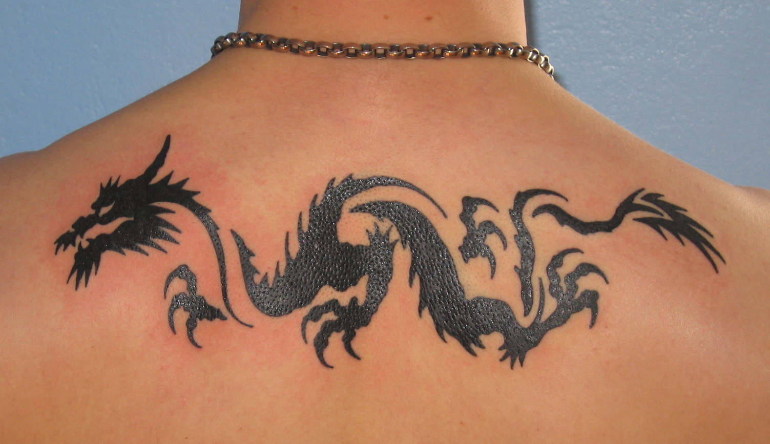 Tribal dragon back tattoo